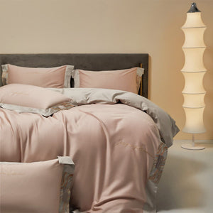 VILZSTUDIOS two-tone satin bedding set with broad contrasting borders and script embroidery