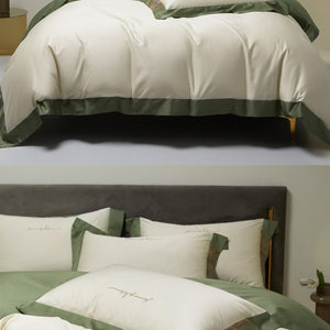 VILZSTUDIOS two-tone satin bedding set with broad contrasting borders and script embroidery