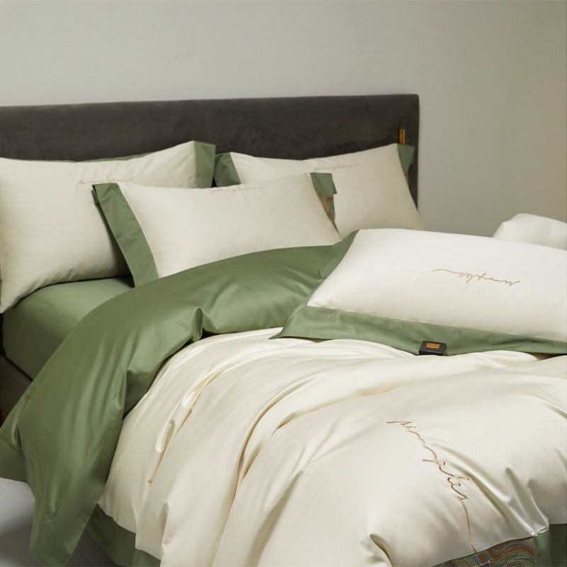 VILZSTUDIOS two-tone satin bedding set with broad contrasting borders and script embroidery