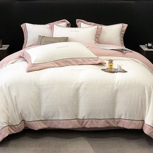 VILZSTUDIOS two-tone velvet bedding set with wide contrast borders and tonal embroidery
