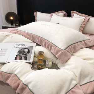 VILZSTUDIOS two-tone velvet bedding set with wide contrast borders and tonal embroidery