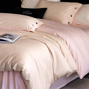 VILZSTUDIOS soft two-tone satin duvet cover set with contrasting dark pillowcase buttons