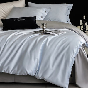 VILZSTUDIOS soft two-tone satin duvet cover set with contrasting dark pillowcase buttons