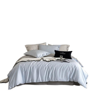 VILZSTUDIOS soft two-tone satin duvet cover set with contrasting dark pillowcase buttons