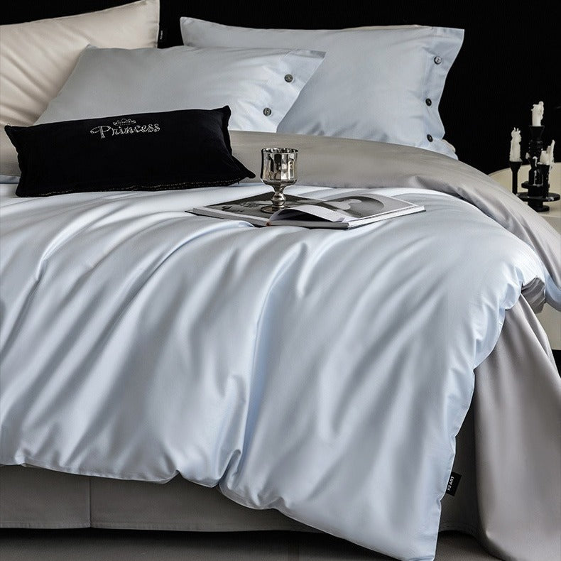 VILZSTUDIOS soft two-tone satin duvet cover set with contrasting dark pillowcase buttons