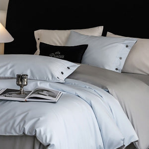 VILZSTUDIOS soft two-tone satin duvet cover set with contrasting dark pillowcase buttons