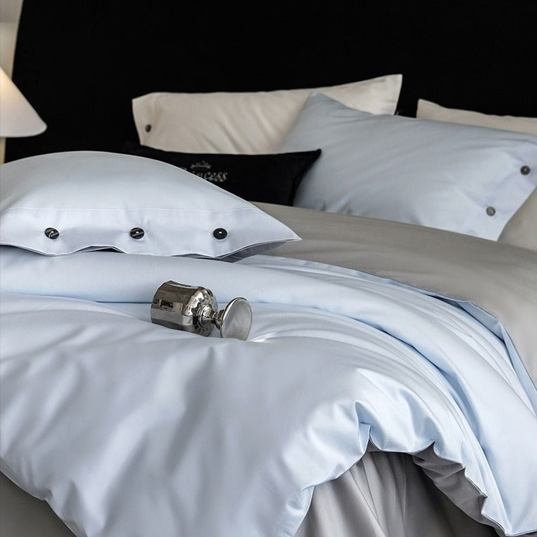 VILZSTUDIOS soft two-tone satin duvet cover set with contrasting dark pillowcase buttons