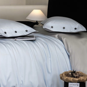 VILZSTUDIOS soft two-tone satin duvet cover set with contrasting dark pillowcase buttons