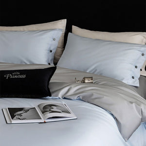 VILZSTUDIOS soft two-tone satin duvet cover set with contrasting dark pillowcase buttons