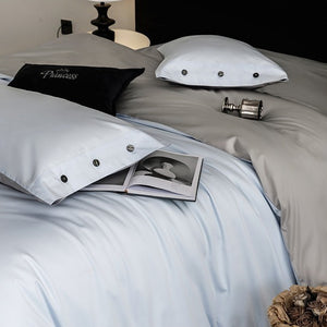VILZSTUDIOS soft two-tone satin duvet cover set with contrasting dark pillowcase buttons