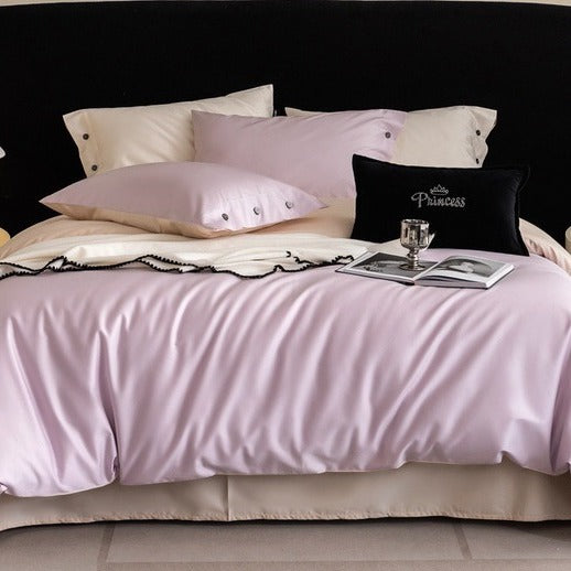 VILZSTUDIOS soft two-tone satin duvet cover set with contrasting dark pillowcase buttons