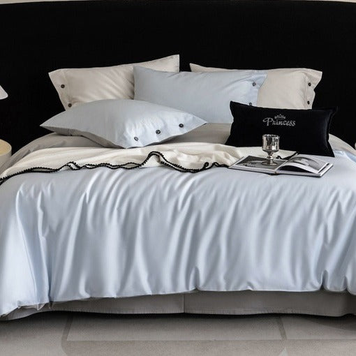 VILZSTUDIOS soft two-tone satin duvet cover set with contrasting dark pillowcase buttons