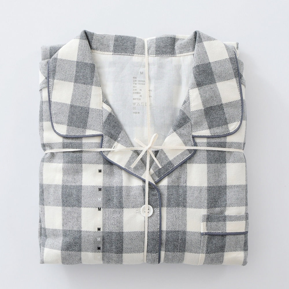 VILZSTUDIOS solid and plaid cotton pajama set with contrast collar piping and chest pocket