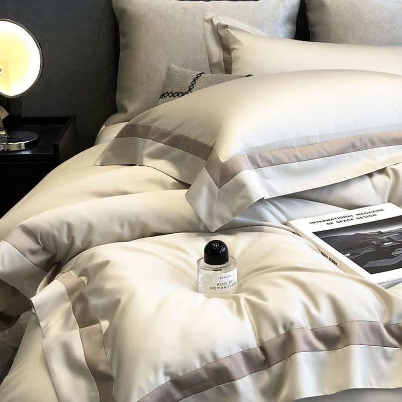 VILZSTUDIOS cream, blush pink or camel beige satin duvet cover set with contrast ribbon borders