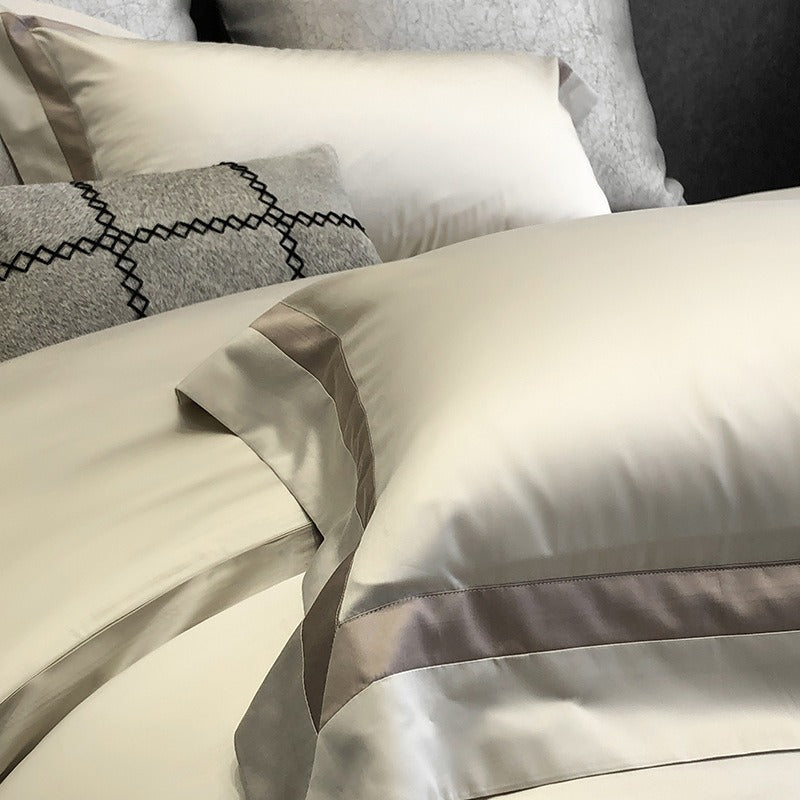 VILZSTUDIOS cream, blush pink or camel beige satin duvet cover set with contrast ribbon borders