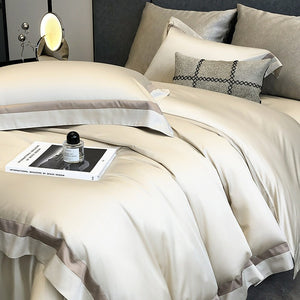 VILZSTUDIOS cream, blush pink or camel beige satin duvet cover set with contrast ribbon borders