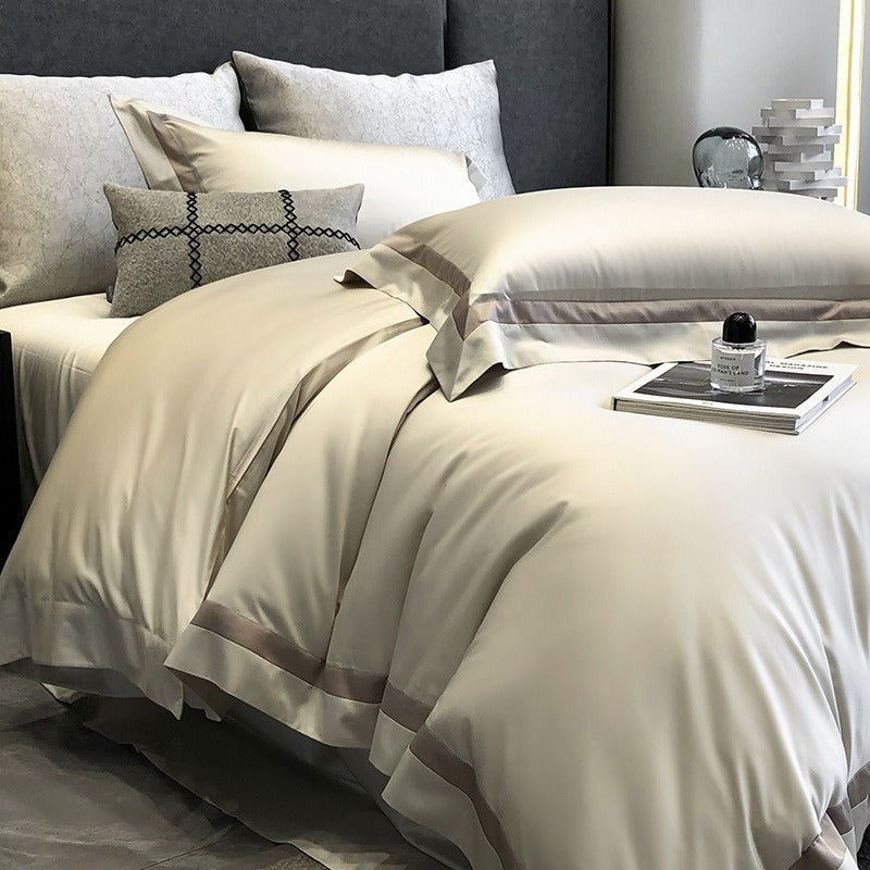 VILZSTUDIOS cream, blush pink or camel beige satin duvet cover set with contrast ribbon borders