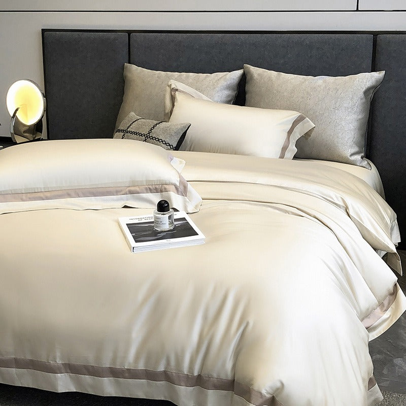 VILZSTUDIOS cream, blush pink or camel beige satin duvet cover set with contrast ribbon borders