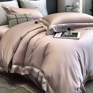VILZSTUDIOS cream, blush pink or camel beige satin duvet cover set with contrast ribbon borders