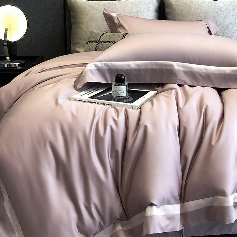 VILZSTUDIOS cream, blush pink or camel beige satin duvet cover set with contrast ribbon borders