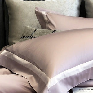 VILZSTUDIOS cream, blush pink or camel beige satin duvet cover set with contrast ribbon borders
