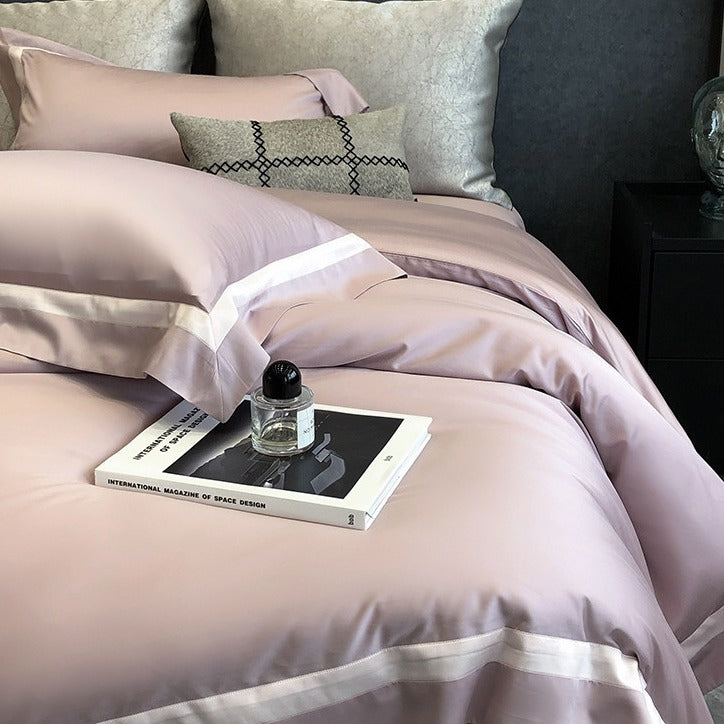 VILZSTUDIOS cream, blush pink or camel beige satin duvet cover set with contrast ribbon borders