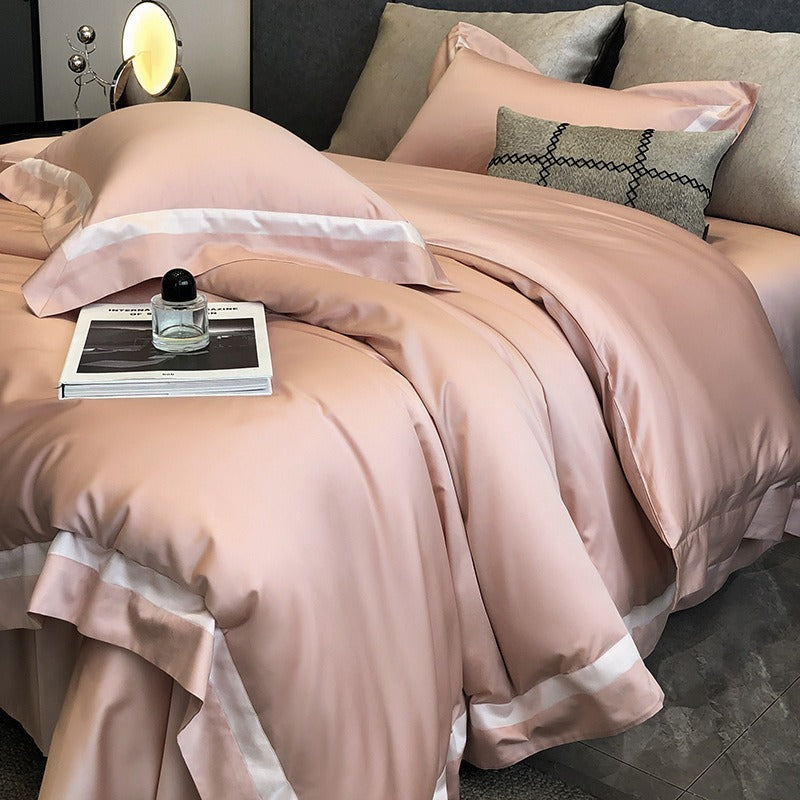 VILZSTUDIOS cream, blush pink or camel beige satin duvet cover set with contrast ribbon borders