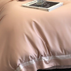 VILZSTUDIOS cream, blush pink or camel beige satin duvet cover set with contrast ribbon borders