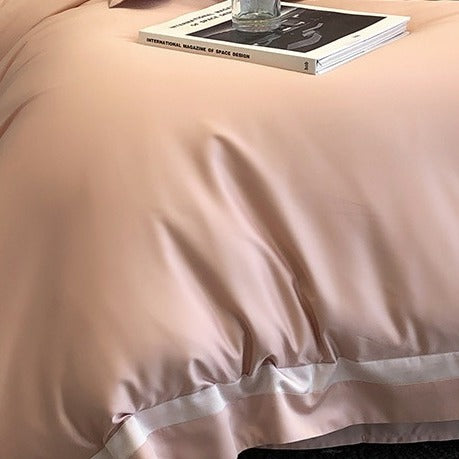 VILZSTUDIOS cream, blush pink or camel beige satin duvet cover set with contrast ribbon borders