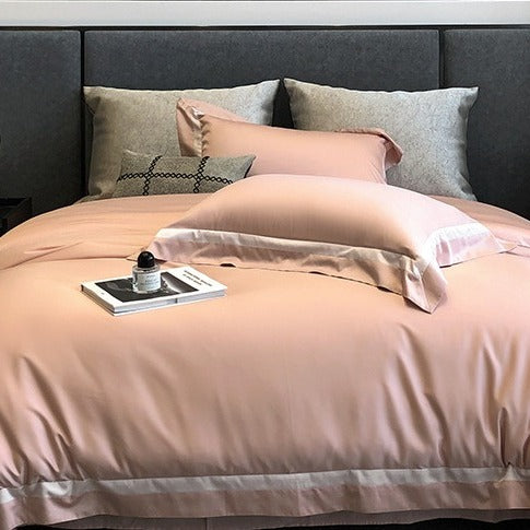 VILZSTUDIOS cream, blush pink or camel beige satin duvet cover set with contrast ribbon borders