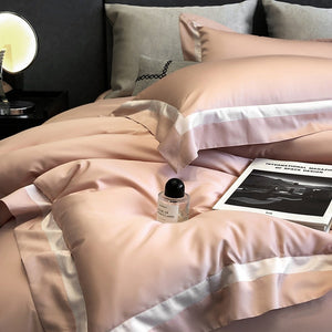 VILZSTUDIOS cream, blush pink or camel beige satin duvet cover set with contrast ribbon borders