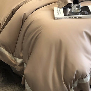 VILZSTUDIOS cream, blush pink or camel beige satin duvet cover set with contrast ribbon borders