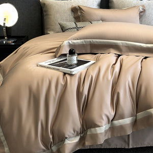 VILZSTUDIOS cream, blush pink or camel beige satin duvet cover set with contrast ribbon borders