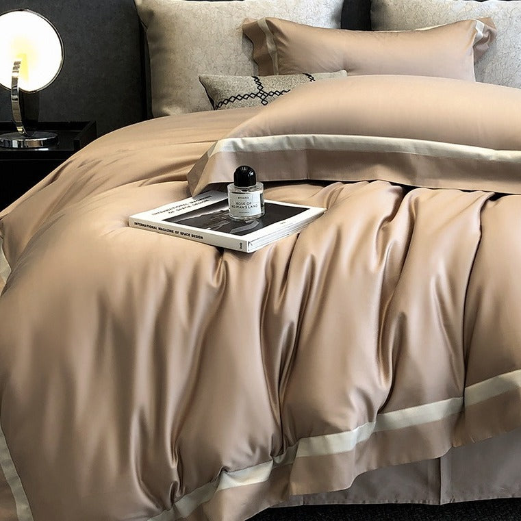 VILZSTUDIOS cream, blush pink or camel beige satin duvet cover set with contrast ribbon borders