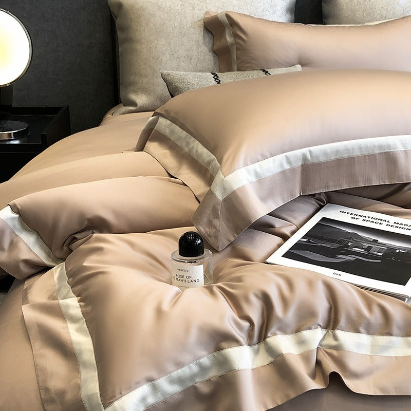 VILZSTUDIOS cream, blush pink or camel beige satin duvet cover set with contrast ribbon borders