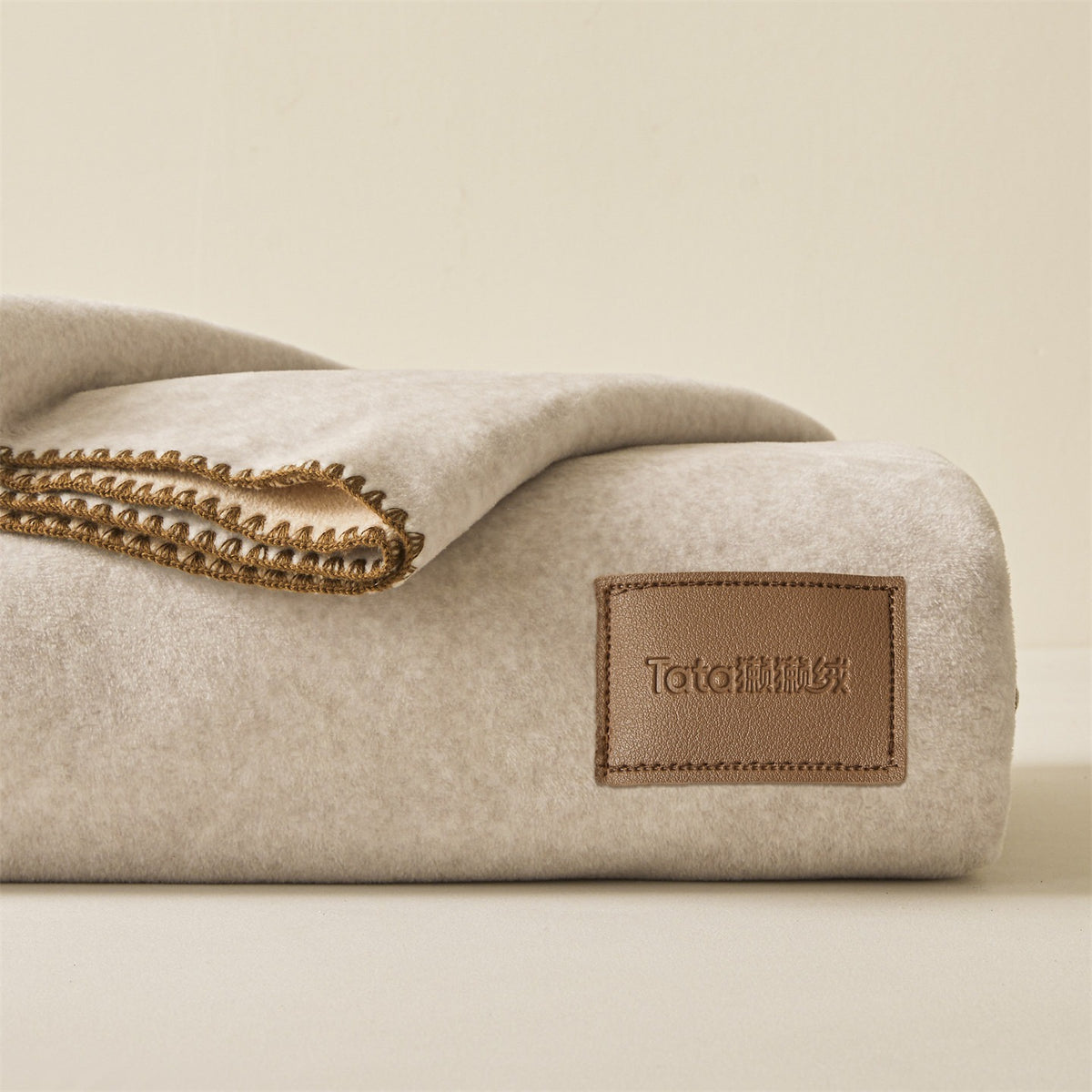 VILZSTUDIOS neutral beige, taupe, and light gray fleece throw blanket with contrast edge stitching