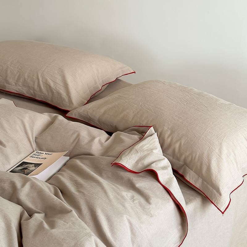 VILZSTUDIOS beige, white, cream or lavender contrast-trim cotton duvet cover set with flanged pillowcases