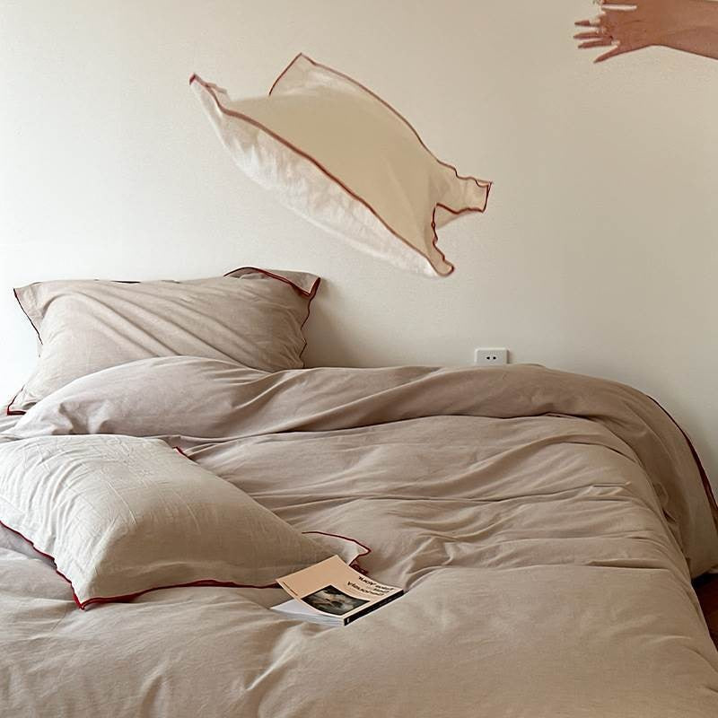 VILZSTUDIOS beige, white, cream or lavender contrast-trim cotton duvet cover set with flanged pillowcases