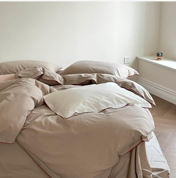 VILZSTUDIOS beige, white, cream or lavender contrast-trim cotton duvet cover set with flanged pillowcases