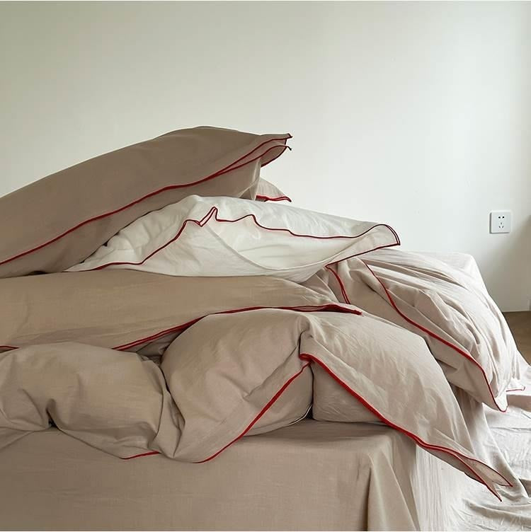 VILZSTUDIOS beige, white, cream or lavender contrast-trim cotton duvet cover set with flanged pillowcases