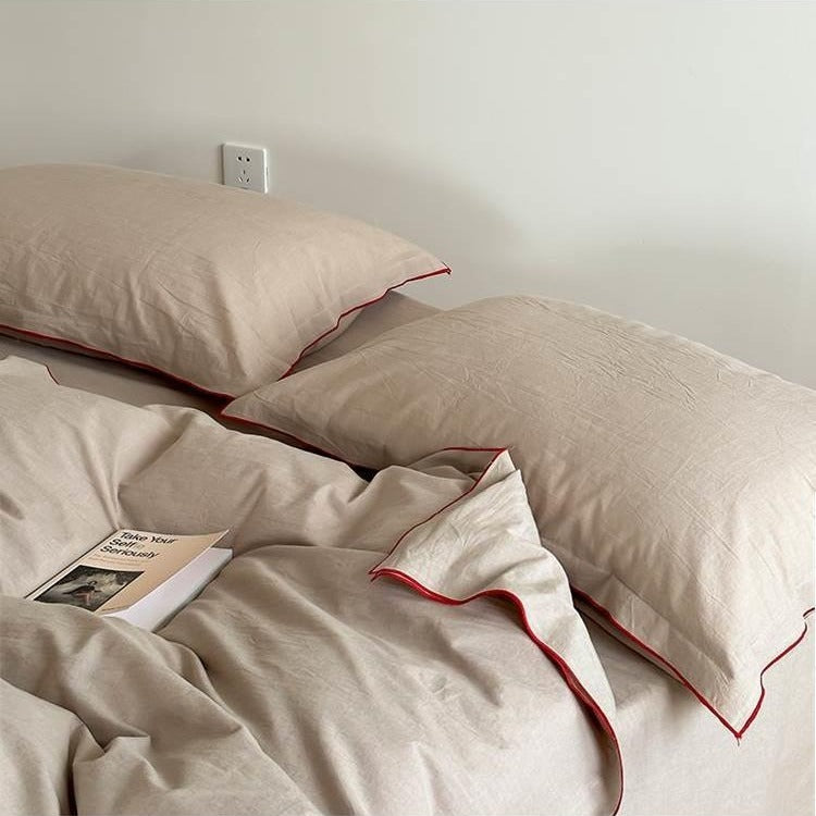 VILZSTUDIOS beige, white, cream or lavender contrast-trim cotton duvet cover set with flanged pillowcases