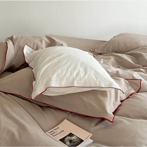 VILZSTUDIOS beige, white, cream or lavender contrast-trim cotton duvet cover set with flanged pillowcases