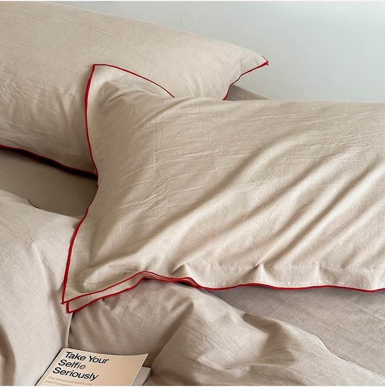 VILZSTUDIOS beige, white, cream or lavender contrast-trim cotton duvet cover set with flanged pillowcases