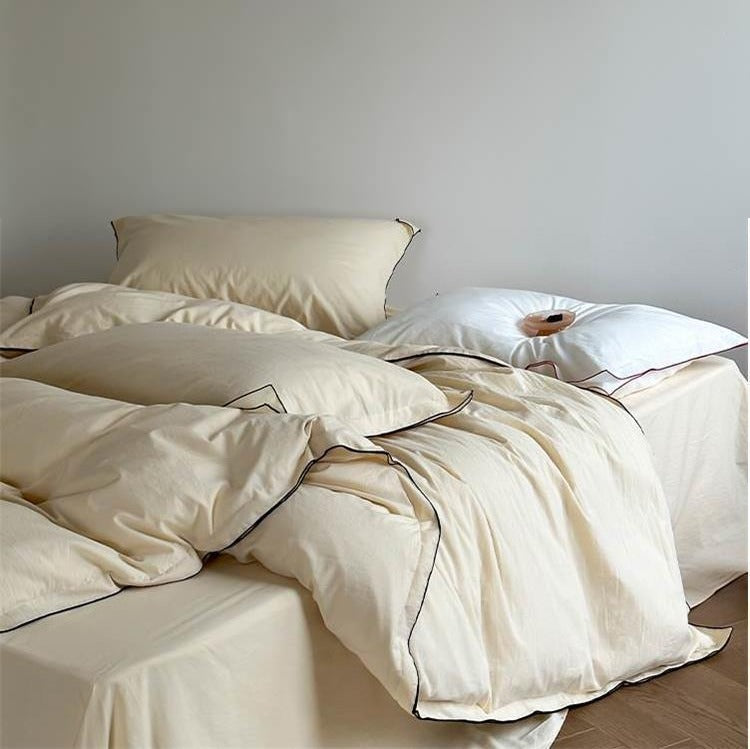 VILZSTUDIOS beige, white, cream or lavender contrast-trim cotton duvet cover set with flanged pillowcases