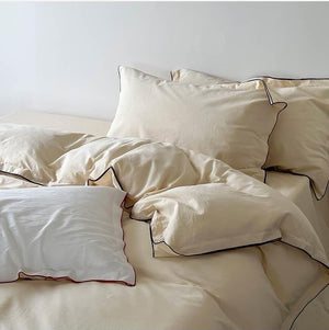 VILZSTUDIOS beige, white, cream or lavender contrast-trim cotton duvet cover set with flanged pillowcases