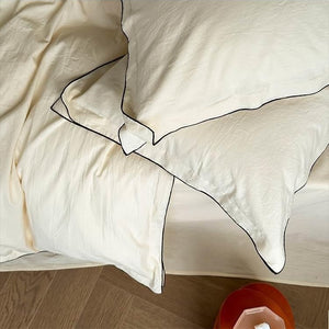 VILZSTUDIOS beige, white, cream or lavender contrast-trim cotton duvet cover set with flanged pillowcases