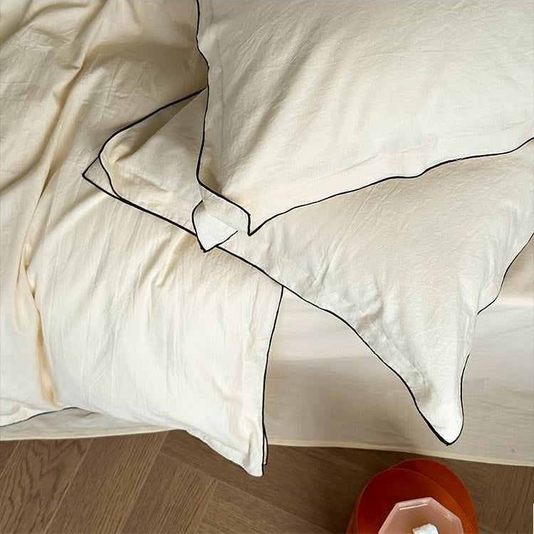 VILZSTUDIOS beige, white, cream or lavender contrast-trim cotton duvet cover set with flanged pillowcases