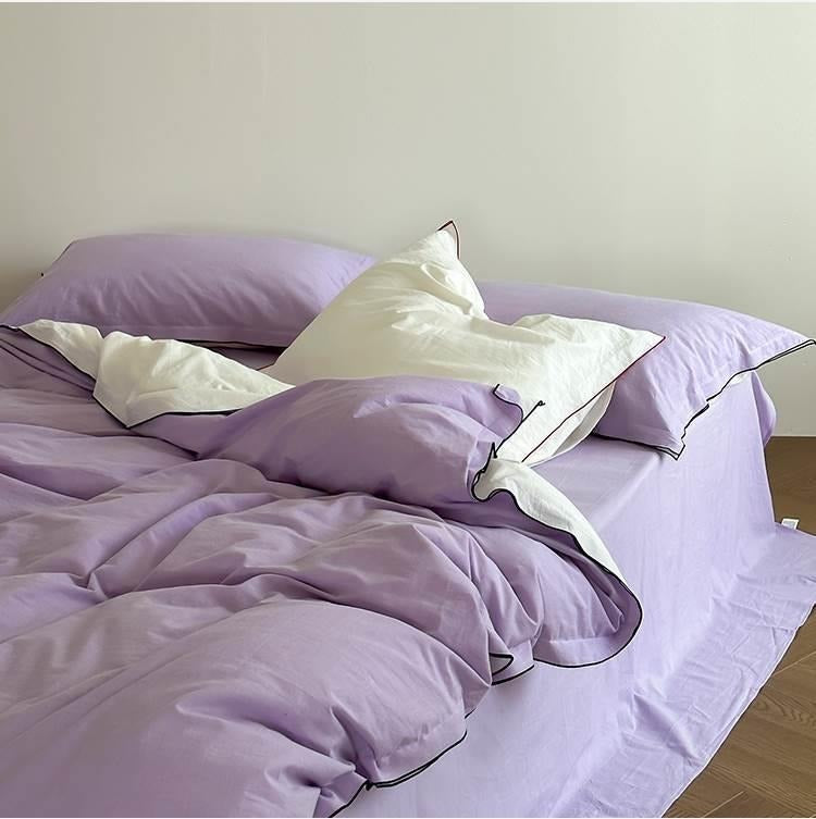 VILZSTUDIOS beige, white, cream or lavender contrast-trim cotton duvet cover set with flanged pillowcases
