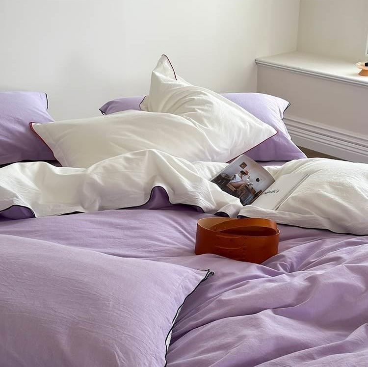 VILZSTUDIOS beige, white, cream or lavender contrast-trim cotton duvet cover set with flanged pillowcases