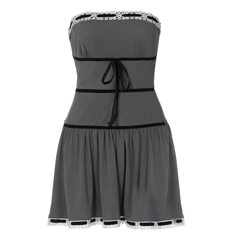 VILZSTUDIOS Stylish grey coquette dress with ribbed design and bows